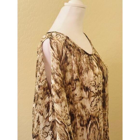DressBarn Brown Tan Blouse Peekaboo Bell Sleeve Lined Elastic Hip Band Size XL - Picture 3 of 13